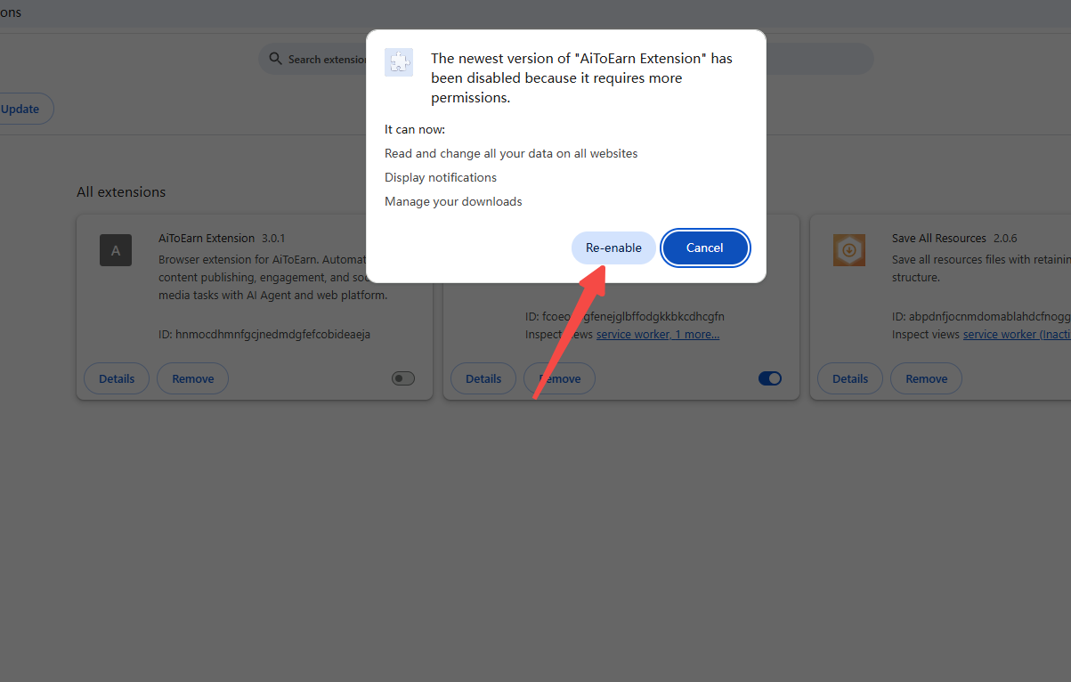 Zum Bestätigen auf Re-enable klicken